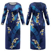 Teal Purple Banana Leaf Hawaii Couples Matching Long Sleeve Bodycon Dress and Long Sleeve Button Shirt Lau Maia Plumeria Tropical Summer Vibes