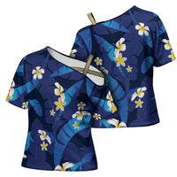 Teal Purple Banana Leaf Hawaii Cross Shoulder Shirt Lau Maia Plumeria Tropical Summer Vibes