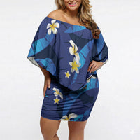 Teal Purple Banana Leaf Hawaii Off Shoulder Short Dress Lau Maia Plumeria Tropical Summer Vibes