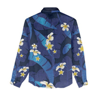 Teal Purple Banana Leaf Hawaii Women Casual Shirt Lau Maia Plumeria Tropical Summer Vibes