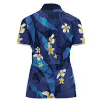 Teal Purple Banana Leaf Hawaii Women Polo Shirt Lau Maia Plumeria Tropical Summer Vibes