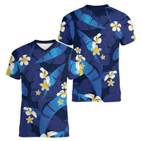 Teal Purple Banana Leaf Hawaii Women V-Neck T-Shirt Lau Maia Plumeria Tropical Summer Vibes