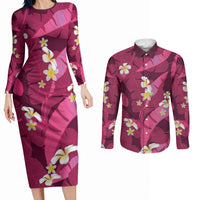 Pink Banana Leaf Hawaii Couples Matching Long Sleeve Bodycon Dress and Long Sleeve Button Shirt Lau Maia Plumeria Tropical Summer Vibes LT14 Pink - Polynesian Pride