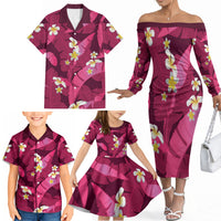 Pink Banana Leaf Hawaii Family Matching Off The Shoulder Long Sleeve Dress and Hawaiian Shirt Lau Maia Plumeria Tropical Summer Vibes LT14 - Polynesian Pride