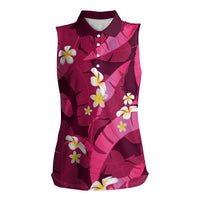 Pink Banana Leaf Hawaii Women Sleeveless Polo Shirt Lau Maia Plumeria Tropical Summer Vibes