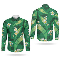 Green Banana Leaf Hawaii Couples Matching Summer Maxi Dress and Long Sleeve Button Shirt Lau Maia Plumeria Tropical Summer Vibes