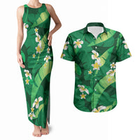 Green Banana Leaf Hawaii Couples Matching Tank Maxi Dress and Hawaiian Shirt Lau Maia Plumeria Tropical Summer Vibes LT14 Green - Polynesian Pride