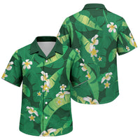 Green Banana Leaf Hawaii Family Matching Off The Shoulder Long Sleeve Dress and Hawaiian Shirt Lau Maia Plumeria Tropical Summer Vibes