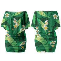 Green Banana Leaf Hawaii Family Matching Off Shoulder Short Dress and Hawaiian Shirt Lau Maia Plumeria Tropical Summer Vibes LT14 Mom's Dress Green - Polynesian Pride