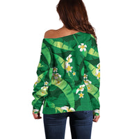 Green Banana Leaf Hawaii Off Shoulder Sweater Lau Maia Plumeria Tropical Summer Vibes LT14 - Polynesian Pride