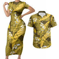 Yellow Banana Leaf Hawaii Couples Matching Short Sleeve Bodycon Dress and Hawaiian Shirt Lau Maia Plumeria Tropical Summer Vibes