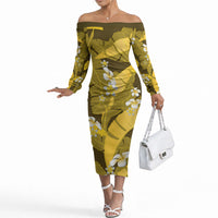 Yellow Banana Leaf Hawaii Off The Shoulder Long Sleeve Dress Lau Maia Plumeria Tropical Summer Vibes LT14 Women Yellow - Polynesian Pride