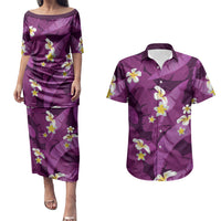 Purple Banana Leaf Hawaii Couples Matching Puletasi and Hawaiian Shirt Lau Maia Plumeria Tropical Summer Vibes