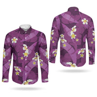 Purple Banana Leaf Hawaii Couples Matching Puletasi and Long Sleeve Button Shirt Lau Maia Plumeria Tropical Summer Vibes