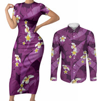 Purple Banana Leaf Hawaii Couples Matching Short Sleeve Bodycon Dress and Long Sleeve Button Shirt Lau Maia Plumeria Tropical Summer Vibes LT14 Purple - Polynesian Pride