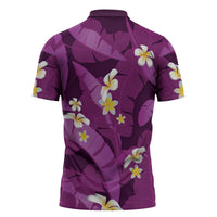 Purple Banana Leaf Hawaii Zipper Polo Shirt Lau Maia Plumeria Tropical Summer Vibes