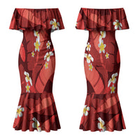Red Banana Leaf Hawaii Couples Matching Mermaid Dress and Hawaiian Shirt Lau Maia Plumeria Tropical Summer Vibes