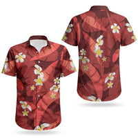 Red Banana Leaf Hawaii Couples Matching Off Shoulder Short Dress and Hawaiian Shirt Lau Maia Plumeria Tropical Summer Vibes