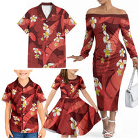 Red Banana Leaf Hawaii Family Matching Off The Shoulder Long Sleeve Dress and Hawaiian Shirt Lau Maia Plumeria Tropical Summer Vibes