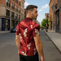 Red Banana Leaf Hawaii Zipper Polo Shirt Lau Maia Plumeria Tropical Summer Vibes