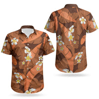 Orange Banana Leaf Hawaii Couples Matching Off Shoulder Maxi Dress and Hawaiian Shirt Lau Maia Plumeria Tropical Summer Vibes