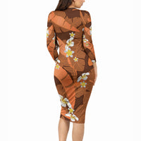 Orange Banana Leaf Hawaii Long Sleeve Bodycon Dress Lau Maia Plumeria Tropical Summer Vibes