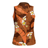 Orange Banana Leaf Hawaii Women Sleeveless Polo Shirt Lau Maia Plumeria Tropical Summer Vibes