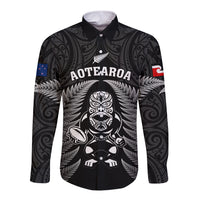 New Zealand Aotearoa Rugby Long Sleeve Button Shirt NZ Tiki With Maori Fern World Cup Black Version LT14 Unisex Black - Polynesian Pride