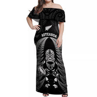 New Zealand Aotearoa Rugby Off Shoulder Maxi Dress NZ Tiki With Maori Fern World Cup Black Version LT14 Women Black - Polynesian Pride
