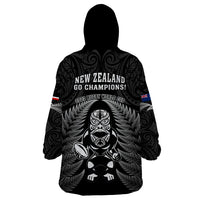 New Zealand Aotearoa Rugby Wearable Blanket Hoodie NZ Tiki With Maori Fern World Cup Black Version LT14 - Polynesian Pride