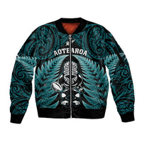 New Zealand Aotearoa Rugby Sleeve Zip Bomber Jacket NZ Tiki With Maori Fern World Cup Turquoise Version LT14 Unisex Turquoise - Polynesian Pride