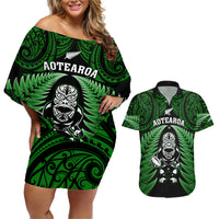 New Zealand Aotearoa Rugby Couples Matching Off Shoulder Short Dress and Hawaiian Shirt NZ Tiki With Maori Fern World Cup Green Version LT14 Green - Polynesian Pride