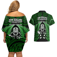 New Zealand Aotearoa Rugby Couples Matching Off Shoulder Short Dress and Hawaiian Shirt NZ Tiki With Maori Fern World Cup Green Version LT14 - Polynesian Pride