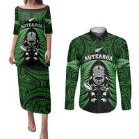 New Zealand Aotearoa Rugby Couples Matching Puletasi Dress and Long Sleeve Button Shirts NZ Tiki With Maori Fern World Cup Green Version LT14 Green - Polynesian Pride