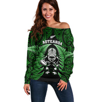 New Zealand Aotearoa Rugby Off Shoulder Sweater NZ Tiki With Maori Fern World Cup Green Version LT14 Women Green - Polynesian Pride