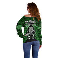 New Zealand Aotearoa Rugby Off Shoulder Sweater NZ Tiki With Maori Fern World Cup Green Version LT14 - Polynesian Pride