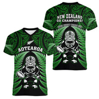 New Zealand Aotearoa Rugby Women V Neck T Shirt NZ Tiki With Maori Fern World Cup Green Version LT14 - Polynesian Pride