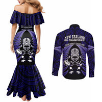 New Zealand Aotearoa Rugby Couples Matching Mermaid Dress and Long Sleeve Button Shirts NZ Tiki With Maori Fern World Cup Blue Version LT14 - Polynesian Pride