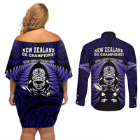 New Zealand Aotearoa Rugby Couples Matching Off Shoulder Short Dress and Long Sleeve Button Shirts NZ Tiki With Maori Fern World Cup Blue Version LT14 - Polynesian Pride