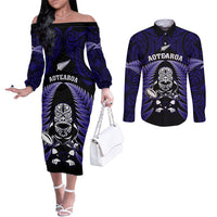 New Zealand Aotearoa Rugby Couples Matching Off The Shoulder Long Sleeve Dress and Long Sleeve Button Shirts NZ Tiki With Maori Fern World Cup Blue Version LT14 Blue - Polynesian Pride