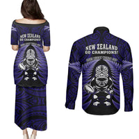 New Zealand Aotearoa Rugby Couples Matching Puletasi Dress and Long Sleeve Button Shirts NZ Tiki With Maori Fern World Cup Blue Version LT14 - Polynesian Pride