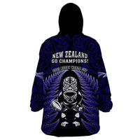 New Zealand Aotearoa Rugby Wearable Blanket Hoodie NZ Tiki With Maori Fern World Cup Blue Version LT14 - Polynesian Pride