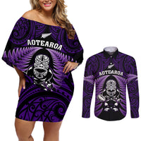 New Zealand Aotearoa Rugby Couples Matching Off Shoulder Short Dress and Long Sleeve Button Shirts NZ Tiki With Maori Fern World Cup Purple Version LT14 Purple - Polynesian Pride