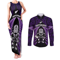 New Zealand Aotearoa Rugby Couples Matching Tank Maxi Dress and Long Sleeve Button Shirts NZ Tiki With Maori Fern World Cup Purple Version LT14 Purple - Polynesian Pride