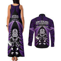 New Zealand Aotearoa Rugby Couples Matching Tank Maxi Dress and Long Sleeve Button Shirts NZ Tiki With Maori Fern World Cup Purple Version LT14 - Polynesian Pride