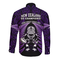 New Zealand Aotearoa Rugby Long Sleeve Button Shirt NZ Tiki With Maori Fern World Cup Purple Version LT14 - Polynesian Pride