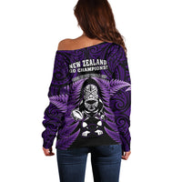 New Zealand Aotearoa Rugby Off Shoulder Sweater NZ Tiki With Maori Fern World Cup Purple Version LT14 - Polynesian Pride