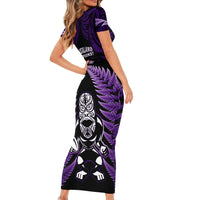 New Zealand Aotearoa Rugby Short Sleeve Bodycon Dress NZ Tiki With Maori Fern World Cup Purple Version LT14 - Polynesian Pride