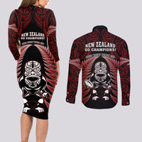 New Zealand Aotearoa Rugby Couples Matching Long Sleeve Bodycon Dress and Long Sleeve Button Shirts NZ Tiki With Maori Fern World Cup Red Version LT14 - Polynesian Pride