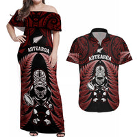 New Zealand Aotearoa Rugby Couples Matching Off Shoulder Maxi Dress and Hawaiian Shirt NZ Tiki With Maori Fern World Cup Red Version LT14 Red - Polynesian Pride